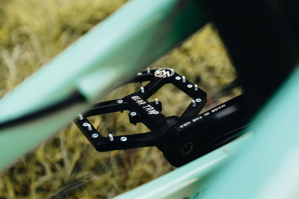 Close-up of a bicycle pedal with a blurred natural background